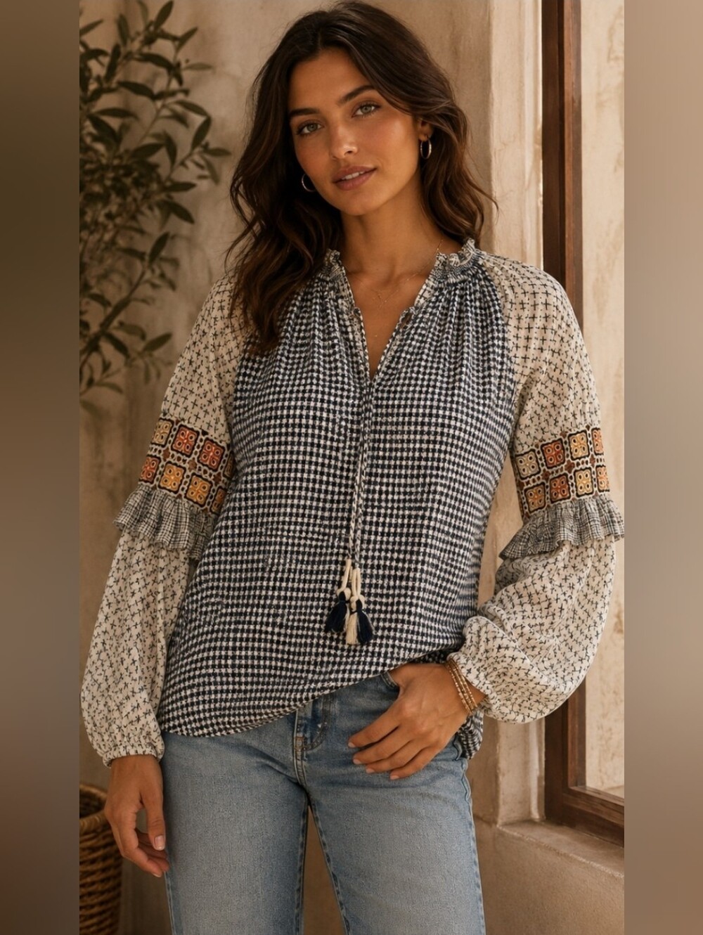 Anthropologie Hemant & Nandita Navy Embroidered Boho Blouse Top M